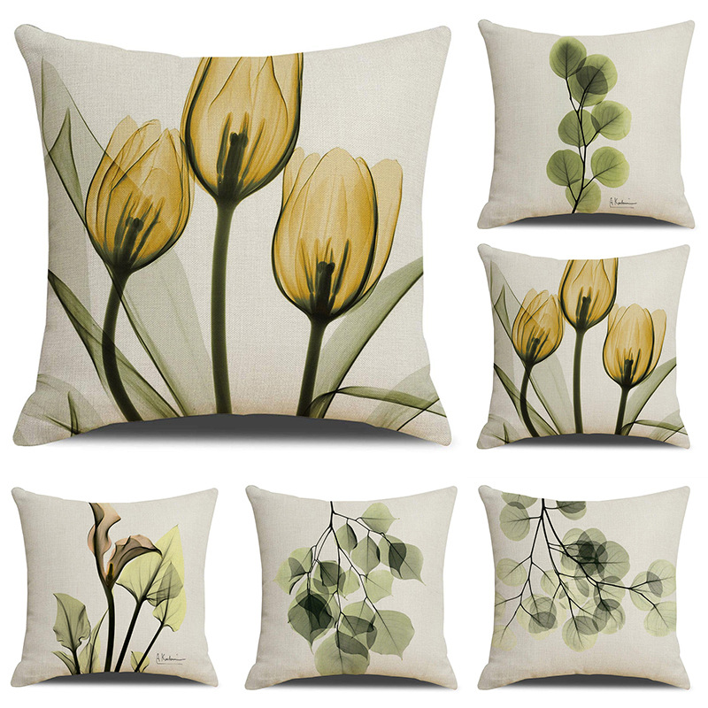Amazon Yellow Flower Pillow Cover Linen Pillow Simple Flower Plant Sofa Cushion Bedside Cushion