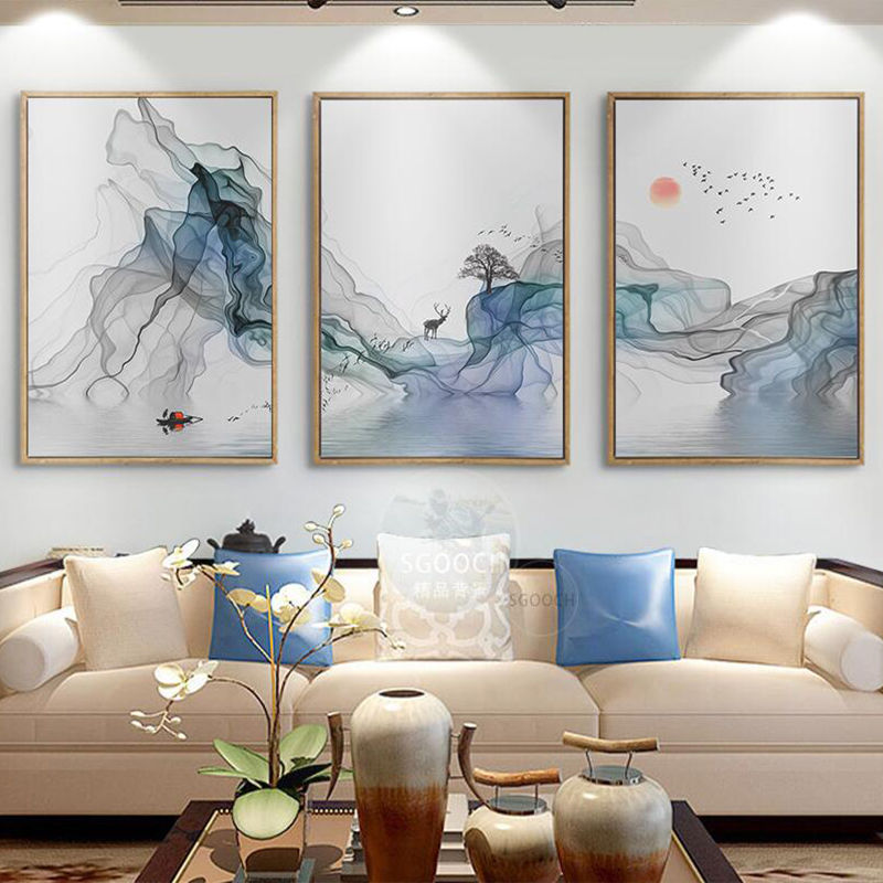 新中式客厅装饰画山水画挂画沙发背景墙现代简约壁画有框三联画