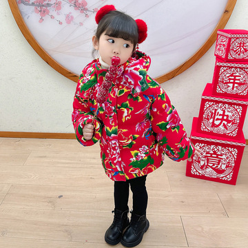 女童东北大花棉袄外套冬季加厚儿童羽绒棉服女宝宝过年衣服儿童衣