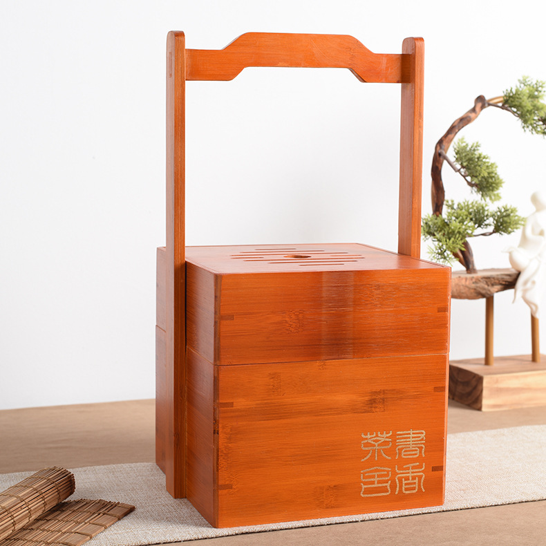 竹木双层手提食盒精美分层食品酒店送餐木提盒实木天地盖手提餐盒