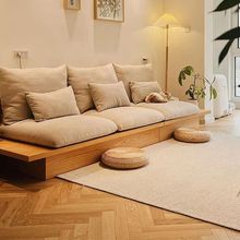 实木框架客厅小户型北欧简约储物三人地台日式沙发布艺原木奶油风