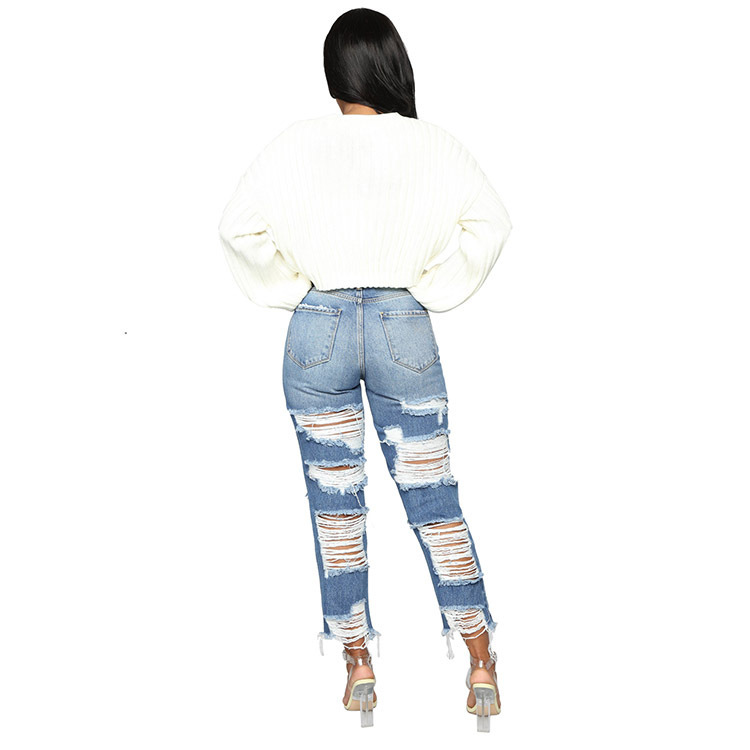 Cross-Border Amazon Ebay European and American Fashion All-Match Personality Handmade Worn Washed Non-Stretch Straight-eg Pants Jeans for Women