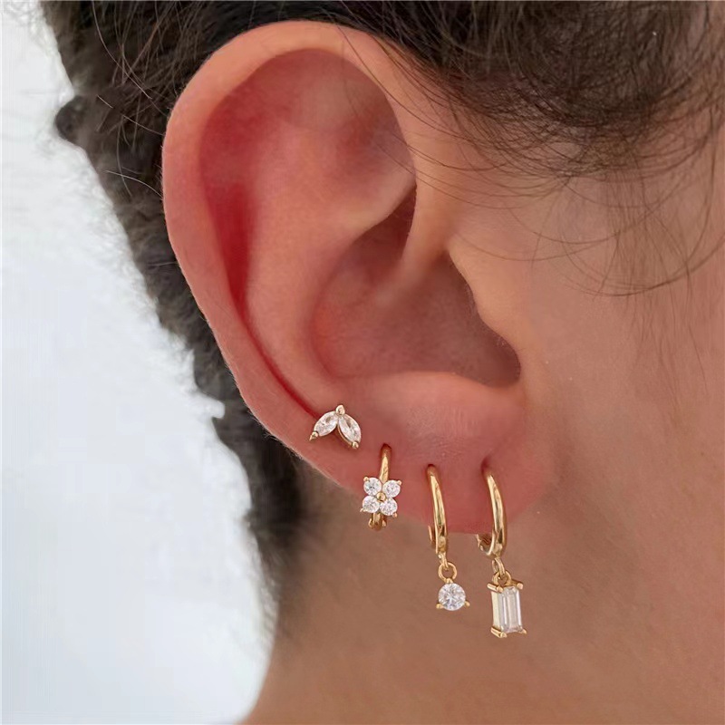 European and American Fashion Geometric Ear Studs Micro Inlaid Zircon Square Earrings Light Luxury Women's Personality Four-Piece Set Earrings Wholesale