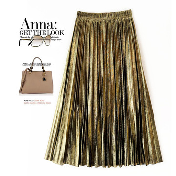 欧洲站跨境电商长裙金属色百褶裙女中长款垂感金色拉丝半身裙子潮