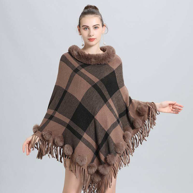 European and American Autumn and Winter New Faux Fur Collar round Neck Plaid Fur Ball Pullover Sweater Cape and Shawl Coat Female 0972#