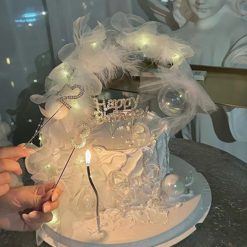 网红女神唯美羽毛珍珠纱花半月亮船蛋糕装饰生日蛋糕摆件