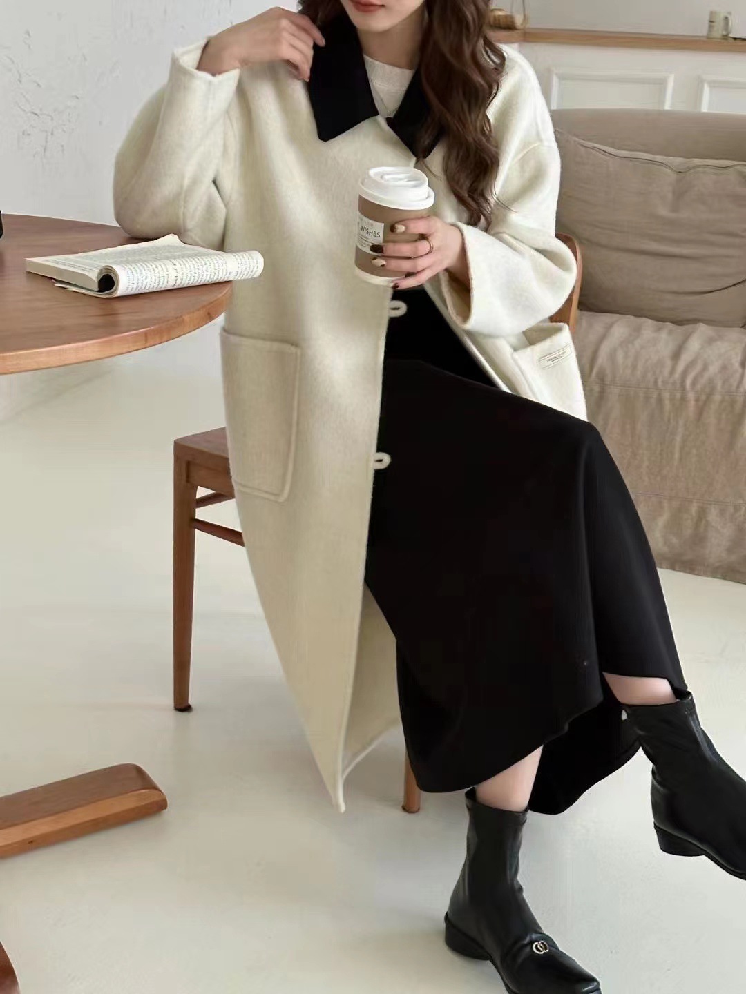 2023 New Mid-Length Doll Collar Wool Double-Sided Hand-Stitched Woolen Autumn and Winter Women's Coat Loose Korean Style