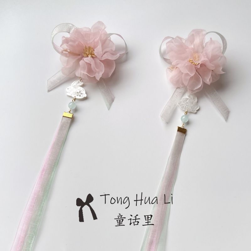 汉服儿童绢花头饰女童飘带后压流苏发夹配饰丝带超仙古装发饰