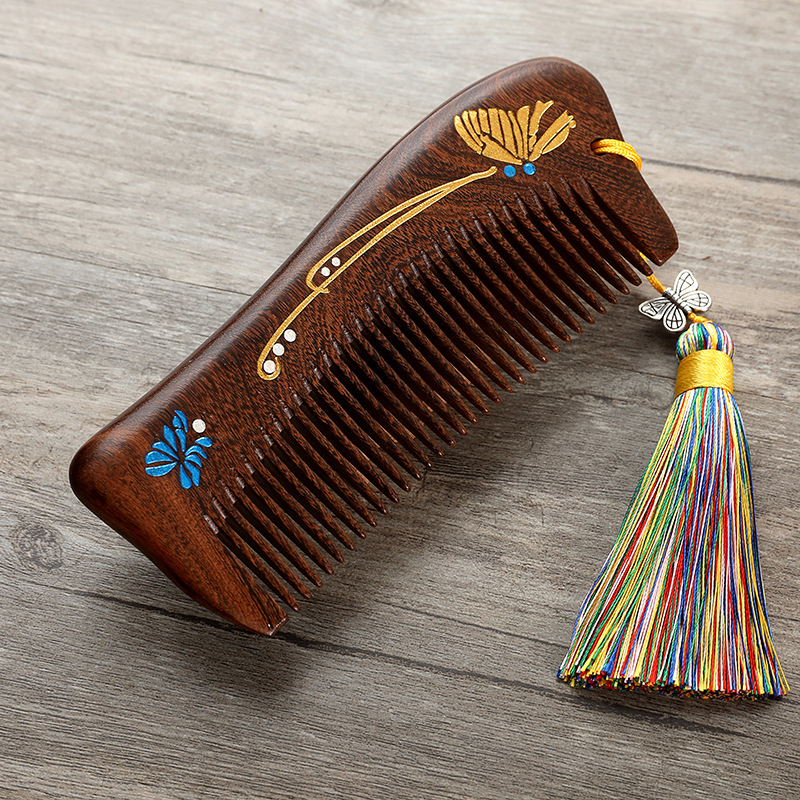 金丝檀木梳中号带穗加厚整木梁祝新中式国风檀木流苏梳子定制logo