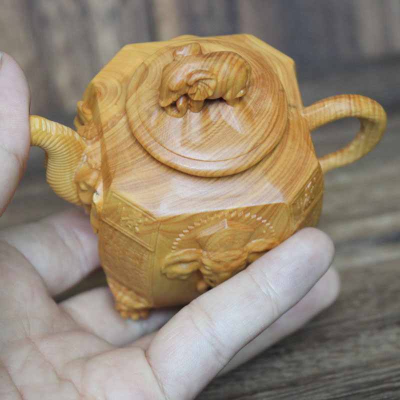 小叶黄杨木雕象头神壶手把件象鼻财神茶壶摆设木质茶宠工艺品批发