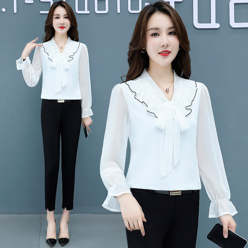 2023 Women's Spring New Korean Style All-Match White Shirt Women's Long Sleeve Temperament Bandage Bow Chiffon