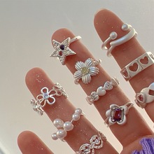 花朵素银锆石开口戒指女小众设计感食指戒简约冷淡风指环批发