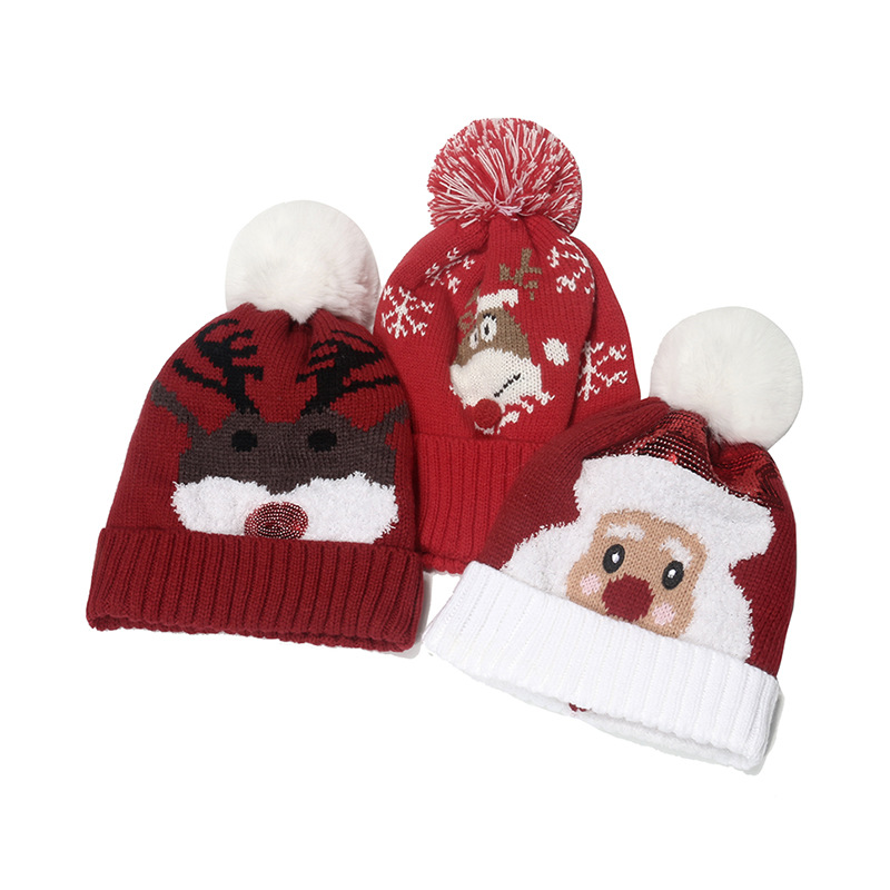 Cross-Border Amazon New Holiday Hat Red Santa Claus Deer Jacquard Fur Ball Knitted Hat Christmas Hat Winter