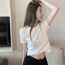 白色短袖t恤女夏韩版设计感小众蝴蝶结修身纯色圆领短款上衣ins潮