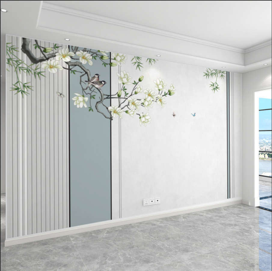 新中式电视背景墙纸仿格栅客厅沙发装饰墙布3d花鸟画卧室床头壁纸