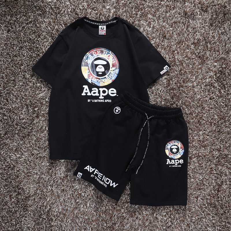 猿人头aap男女套装潮牌五分裤子宽松运动裤短袖t恤短裤2件装休闲