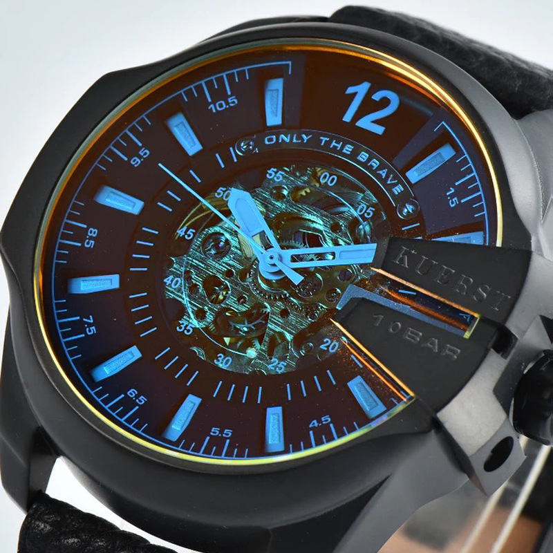 kuerst酷尔时顿大表盘男士手表牛皮表带精钢变色表防水机械手表男