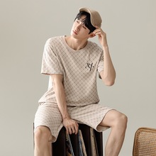 100%纯棉男士睡衣夏季短袖短裤青少年韩版简约学生薄款家居服套装