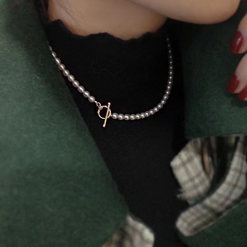 3-5mm Freshwater Pearl Fine Millet Necklace OT Buckle Clothing High Quality Strong Light Small Rice-Shaped Beads Necklace Sweater Chain