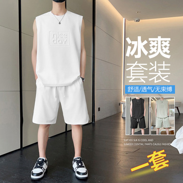 坎肩背心套装男夏季新款宽松无袖t恤短裤搭配二件套休闲运动套装
