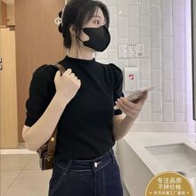 半高领针织衫短袖女春夏季新款修身打底衫法式泡泡袖上衣内搭时优