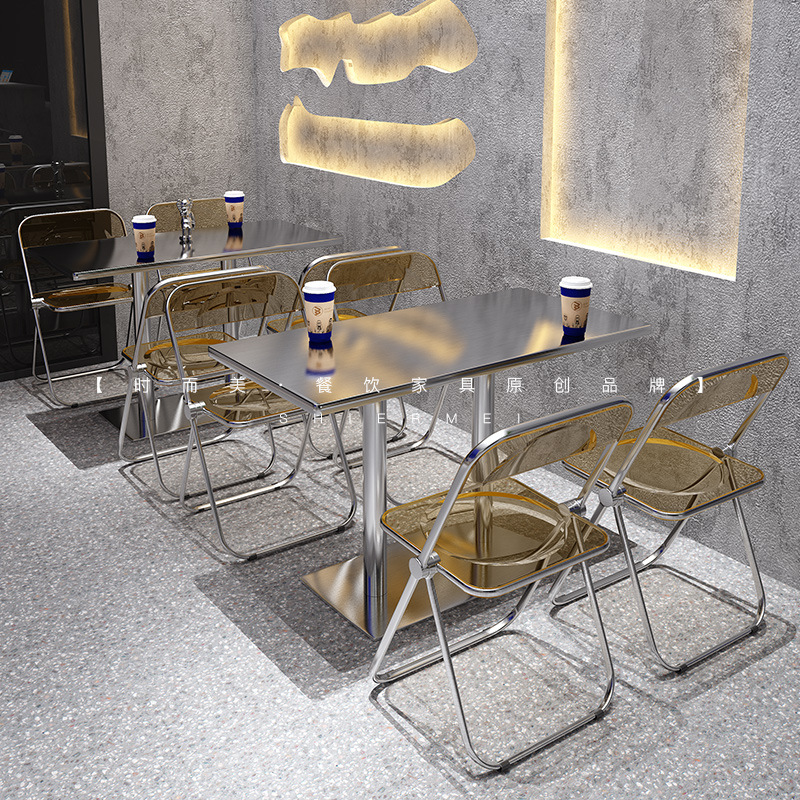 Industrial Style Coffee Shop Milk Tea Shop Stainless Steel Table and Chair Combination Internet Celebrity Dessert Snack Shop Transparent Folding Chair Commercial