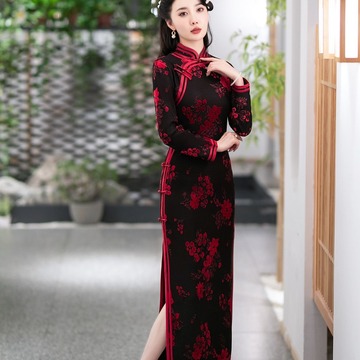 桑缘阁2023年新款旗袍冬款加厚水貂绒长款时尚显瘦复古高档旗袍