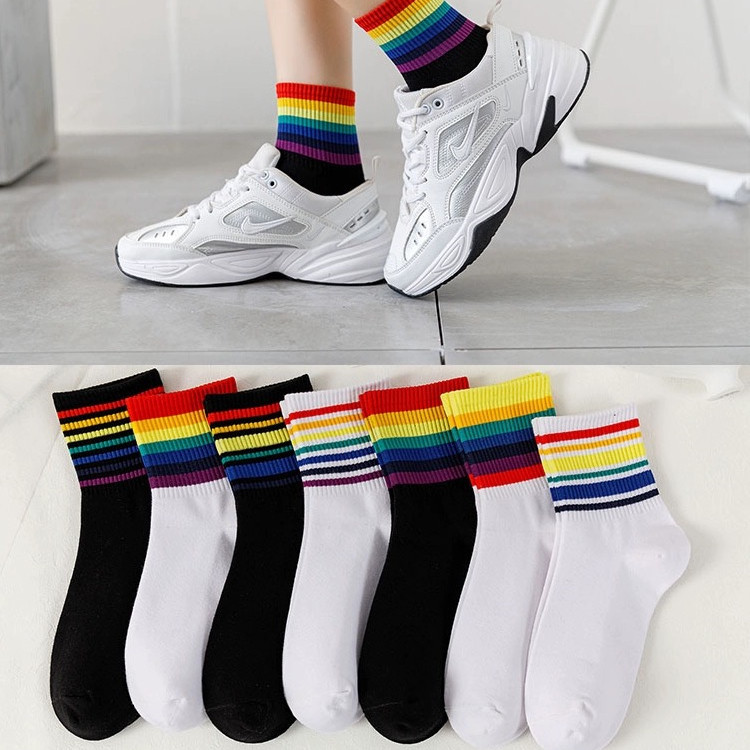 Rainbow Socks Women's High Waist Tube Socks Autumn Cotton Socks Athletic Socks Internet Celebrity Bunching Socks Ins Trendy Socks Wholesale