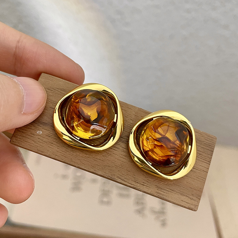 Maillard Brown Amber Earrings 2023 New Popular Hong Kong Style Ear Studs Women's Brown Light Luxury High-Grade Earrings