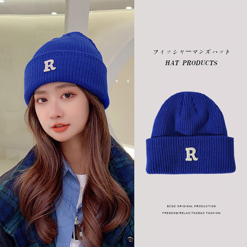 Hat Female Autumn and Winter Wild Warm Wool Hat Korean Ins Internet Celebrity R Letter Knitted Hat Klein Blue Sleeve Cap