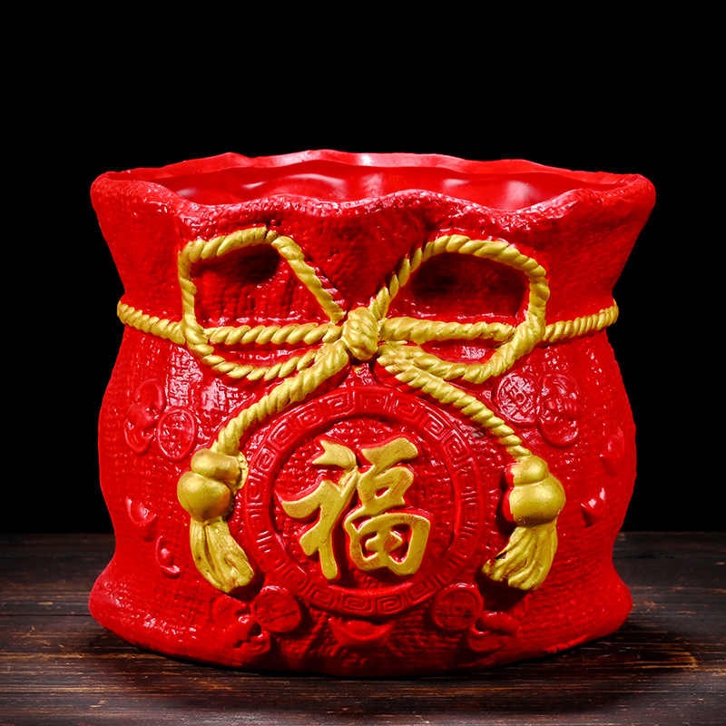 喜庆中国红花盆福字钱袋花盆招财高体银柳盆景陶瓷创意花盆盆栽