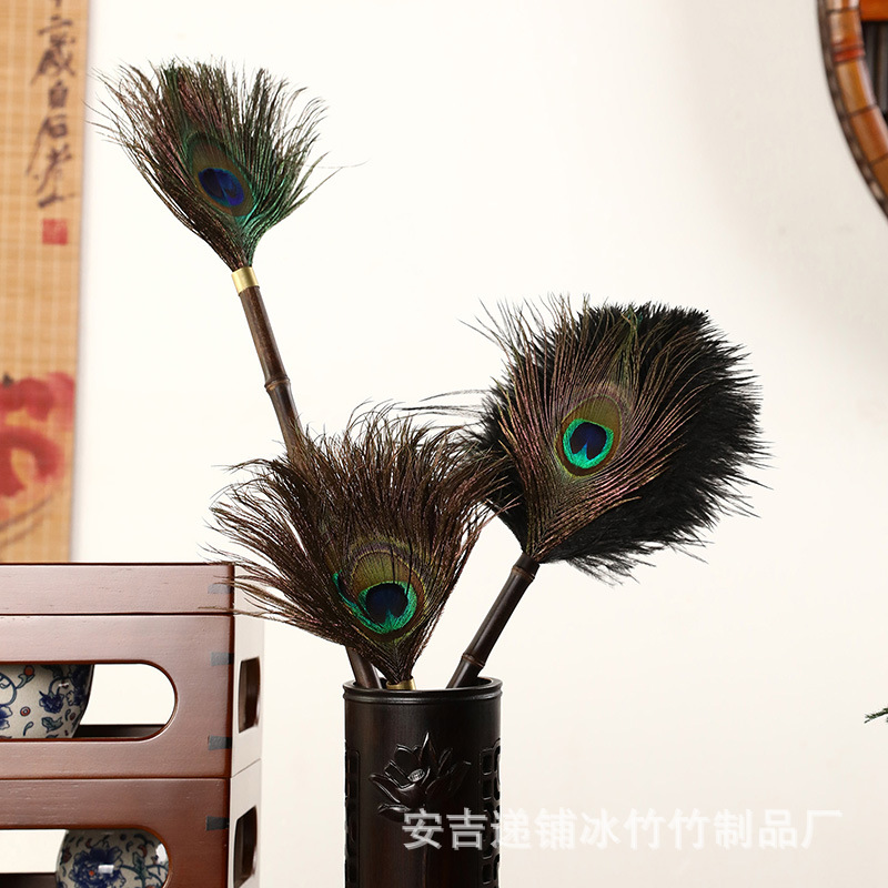 Bamboo Peacock Feather Horsetail Whisk Mottled Bamboo Ostrich Hair Brush Gray Home Tool Bamboo Decorations Feather Duster Duster