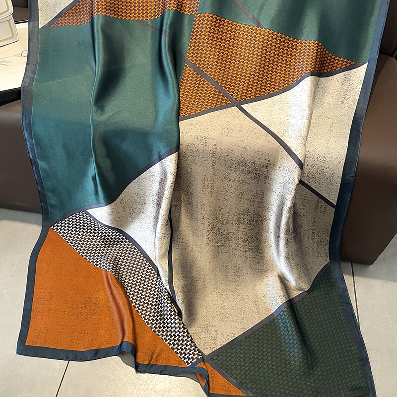 2023 Spring and Summer New Korean Style Houndstooth Color Matching New Silk Satin Scarf Ladies Travel Sunscreen Shawl Beach Towel