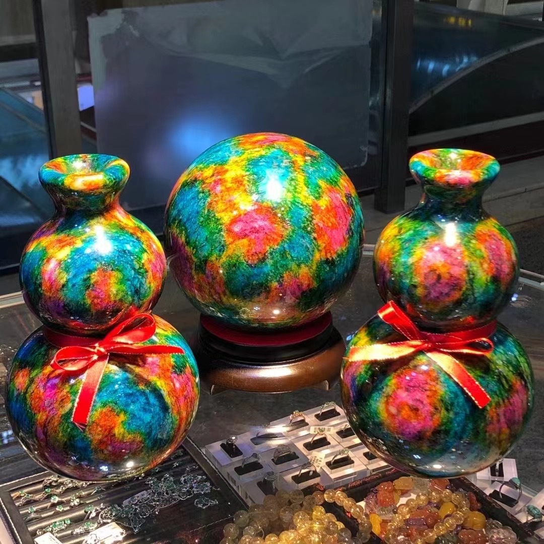 台湾七彩玉球瓶摆件花莲七彩玉花瓶葫芦转运球高端客厅装饰三件套