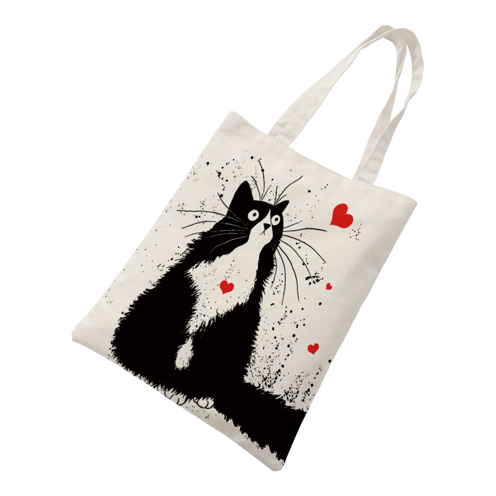 New Black Cat Printed Canvas Bag Handbag Women's Shoulder Bag Beach Bag Large Capacity Shopping Bag Tote