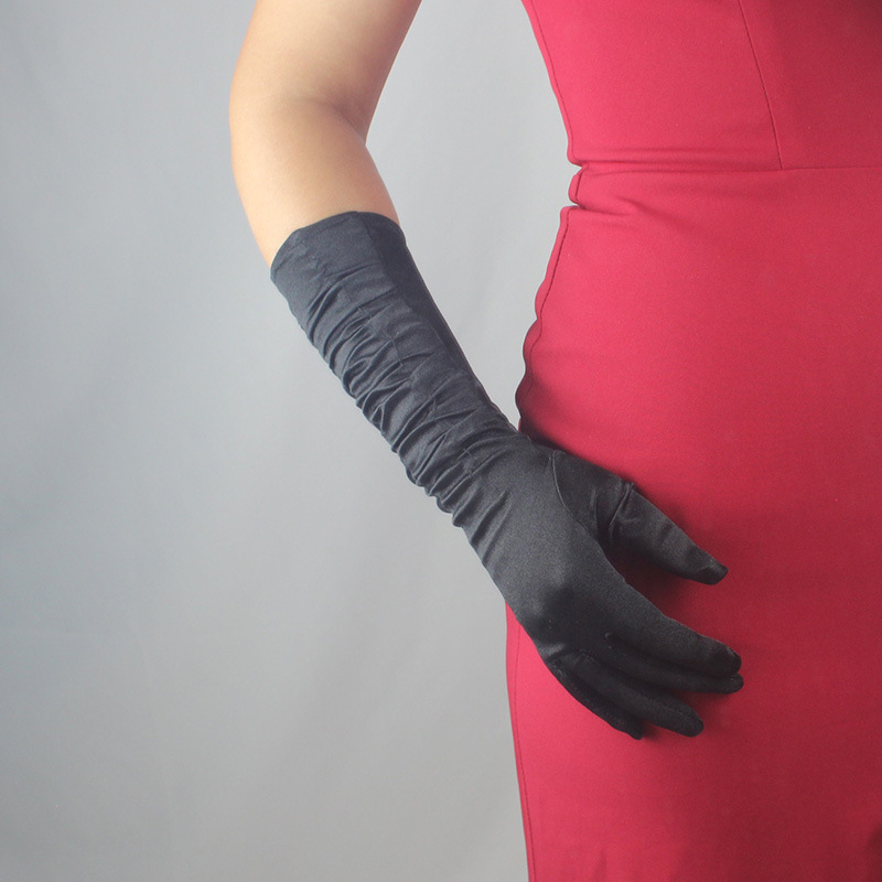 缎面黑白红手套38cm中长女款褶皱弹性丝光珠光绸缎面礼仪婚纱礼服