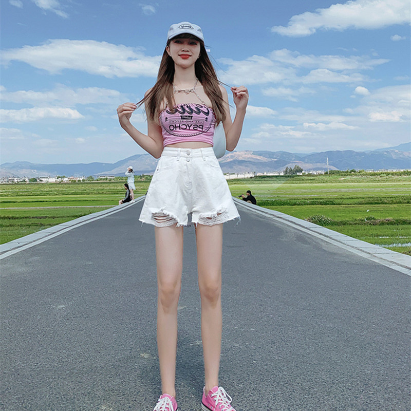 夏季薄款高腰a字破洞小个子显瘦阔腿白色辣妹超短裤牛仔短裤女装