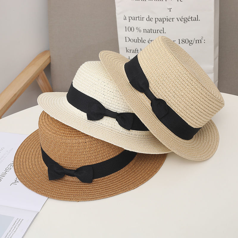 New Hat Women's Summer Sun-Shade Beach Hat Simple Sun Protection Hat Flat Top British Fresh Bowler Hat