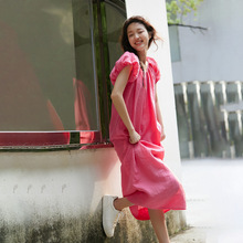 连衣裙女夏 苎麻玫粉色 茧型无束缚感宽松短袖纯色长款裙子B0550