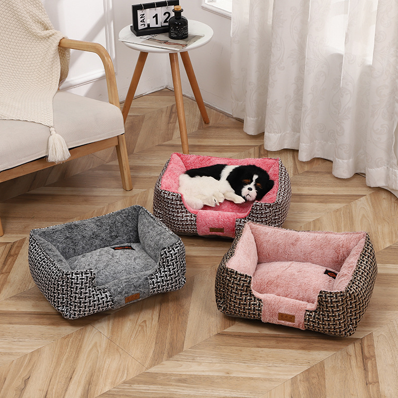 Creative Rattan Mat Rabbit Fur Disassembly Pet Bed Rectangular Pet Mattress Teddy Cat Bed Insulation Pet Mat Wholesale