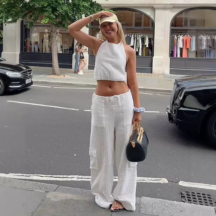 2026夏季工装风套装女白色纯棉无袖背心上衣阔腿裤时尚休闲两件套