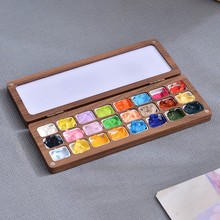 实木水彩颜料分装盒儿童手工绘画颜料调色盒便携式多格吸磁水彩盒