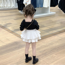 女童韩版套装2024夏季新款时髦泡泡袖方领上衣白色百褶裙裤套装