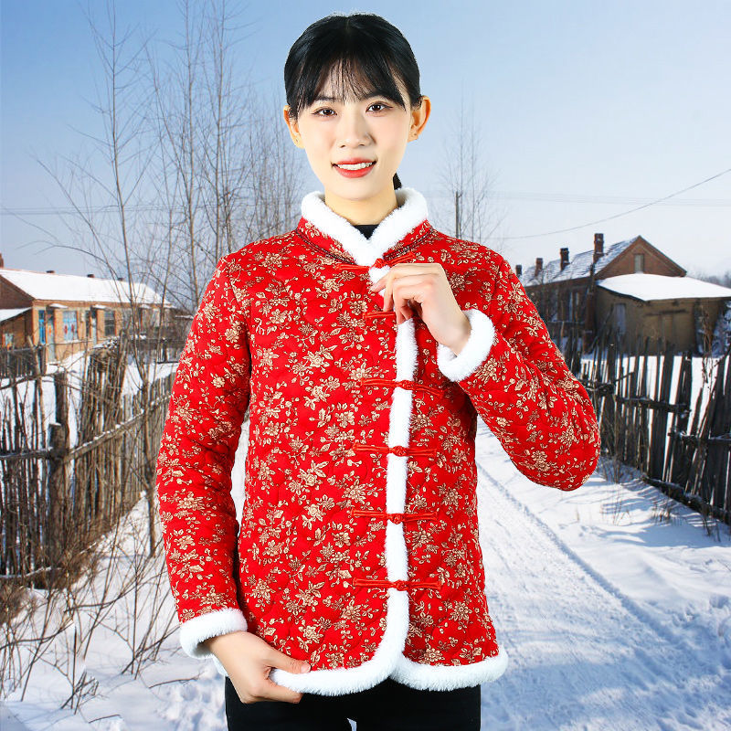 东北大花棉袄复古盘扣民族风偏襟加厚修身妈妈小碎花棉衣上衣跨境