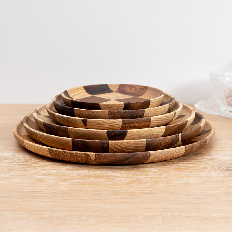 Wooden Plate round Stitching Nordic Cake Plate Wooden Tray Rectangular Household Japanese Wood Dish Tea Tray