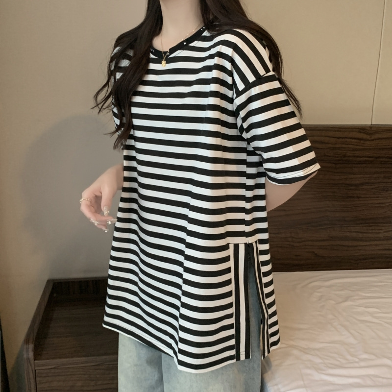 Summer Hong Kong Style Vintage Stripe Loose Split Short-Sleeved T-shirt Women's Korean Style Slim Fit All-Matching Mid-Length Casual Student