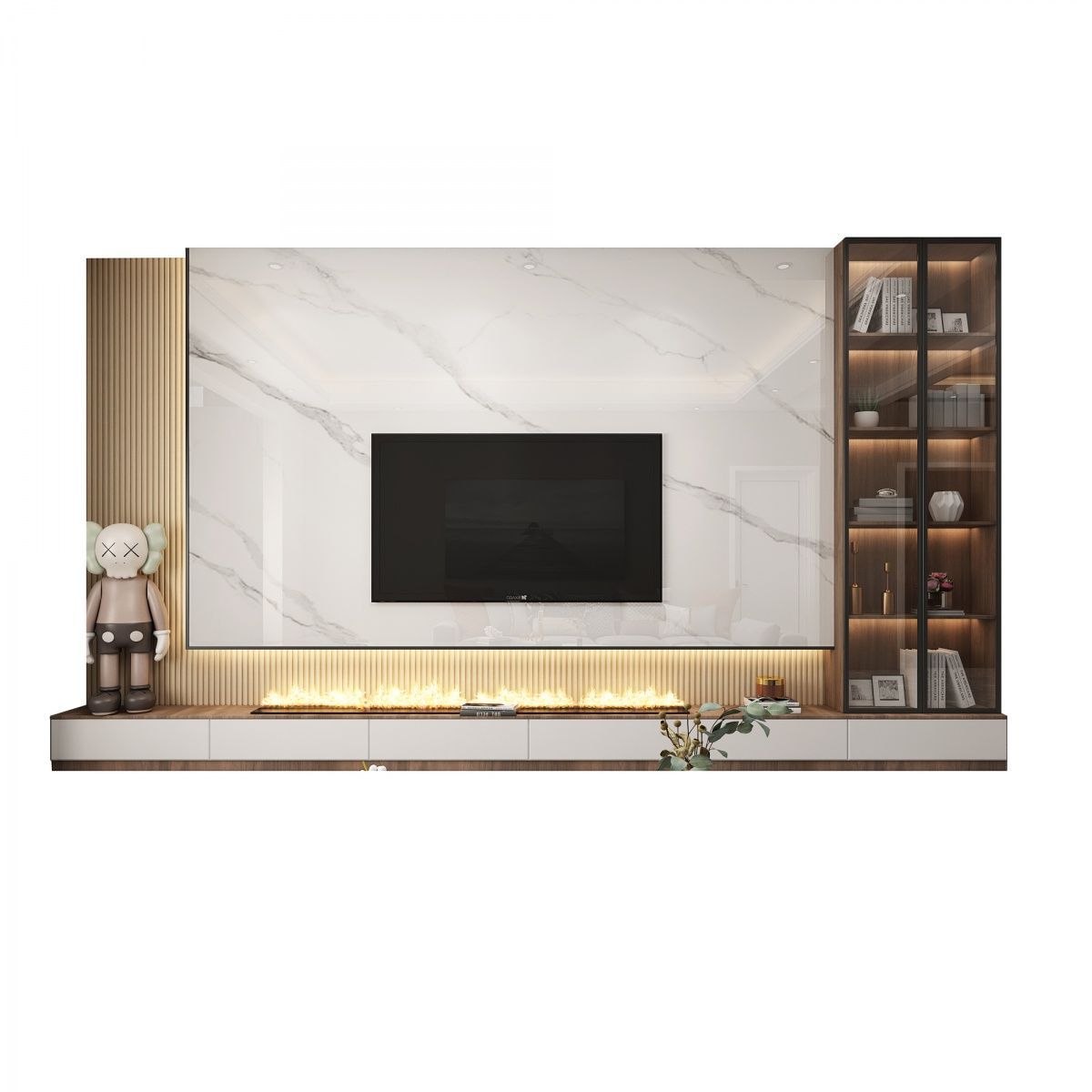 岩板电视背景墙悬空影视墙格栅装饰大理石地台岩石大板轻奢电视墙