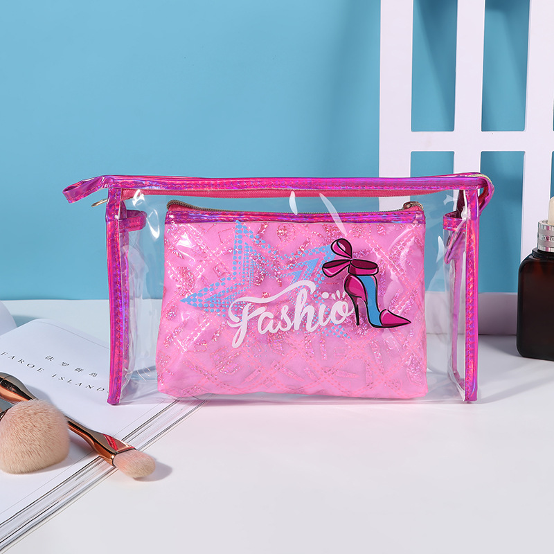 Girl Heart Double Layer Transparent Cosmetic Bag Creative Large Capacity Travel Storage Bag Wash Bag Portable Portable Pouch