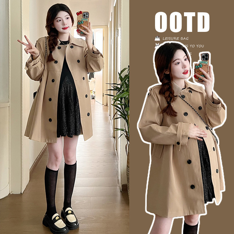 实拍现货 秋冬新品 重工韩版宽松双排扣中长款风衣孕妇百搭外套