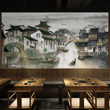 3d中式江南水乡壁画山水水墨风景画壁纸餐厅火锅饭店包厢背景墙纸